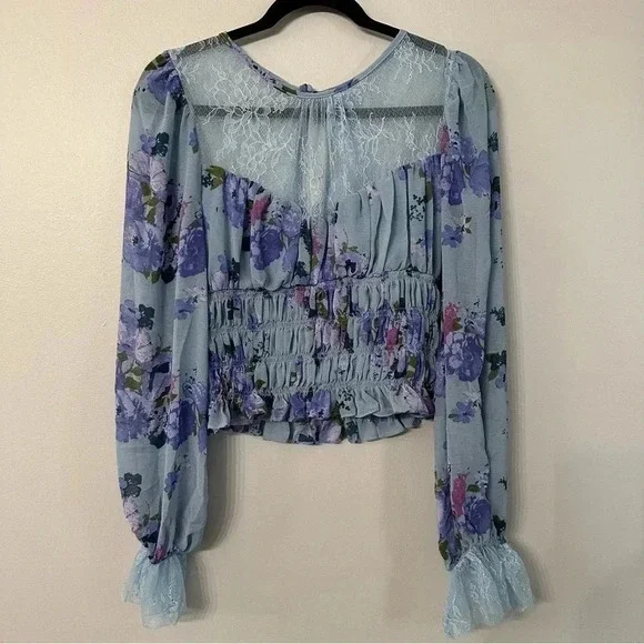 Free People Daphne Blouse Silver Blue Combo Size LG NWT - Picture 3 of 14